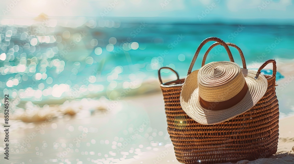 Poster a wicker beach bag with a straw hat resting on top sits on the sandy shore, with the ocean in the ba