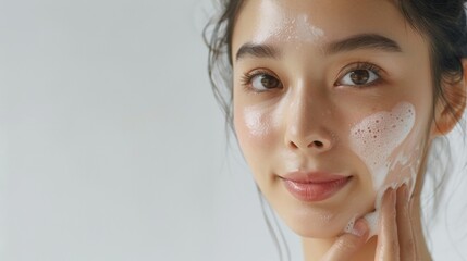 Asian model does facial cleansing young girl with foam on her face