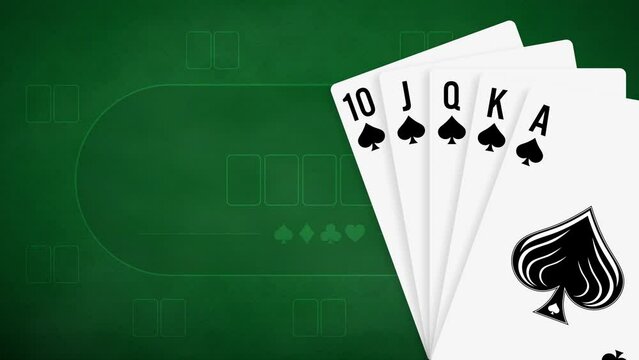 Royal flush combination playing cards spades suits on green cloth background. Poker and Casino Playing Cards. Blank poster template with design card royal flush poker hand. Motion design.