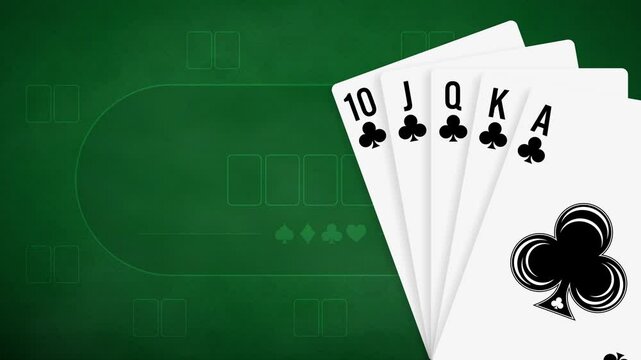 Royal flush combination playing cards clubs suits on green cloth background. Poker and Casino Playing Cards. Blank poster template with design card royal flush poker hand. Motion design.