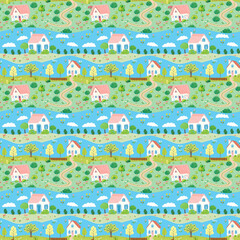 Charming pattern of colorful countryside houses, trees, and winding paths on a blue background.