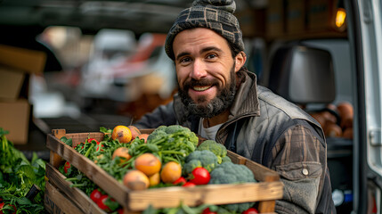 Fototapeta premium Smiling delivery man holding a grocery bag ready to deliver to the customer 