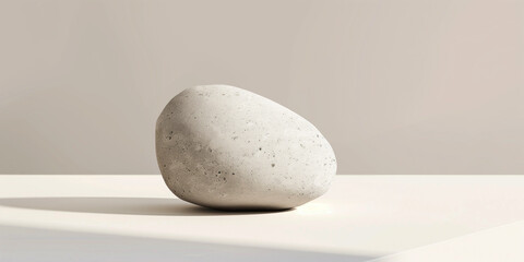 A white stone, smooth and speckled, rests on a white surface