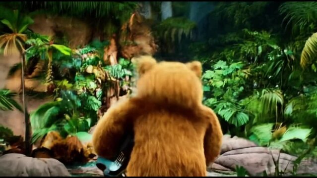 A teddy bear in sunglasses playing electric guitar, dancing and headbanging in the jungle in front of a large beautiful waterfall