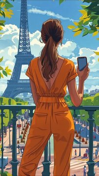 a woman in an orange outfit holding a smartphone, looking at the Eiffel Tower	