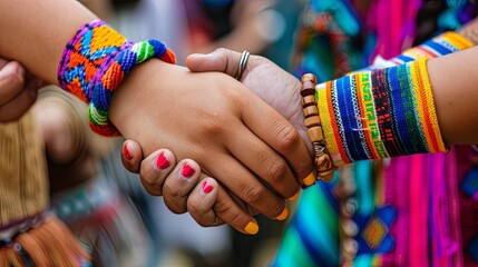 Hands Holding with Colorful Bracelets for the day of the indigenous people.