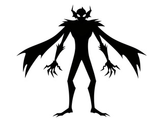 Fototapeta premium Black silhouette of a monster with wings isolated on a white background. Concept of creature, mythical being, minimalist style, spooky Halloween icon.