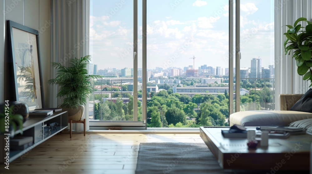 Wall mural background image of clear daylight view of modern skyline through large windows. window view of city