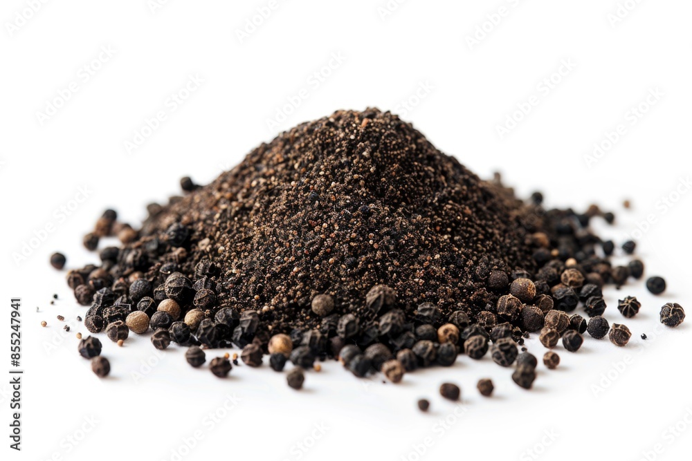 Poster a pile of black pepper sits on a white surface, ready for use in cooking or as a decorative element