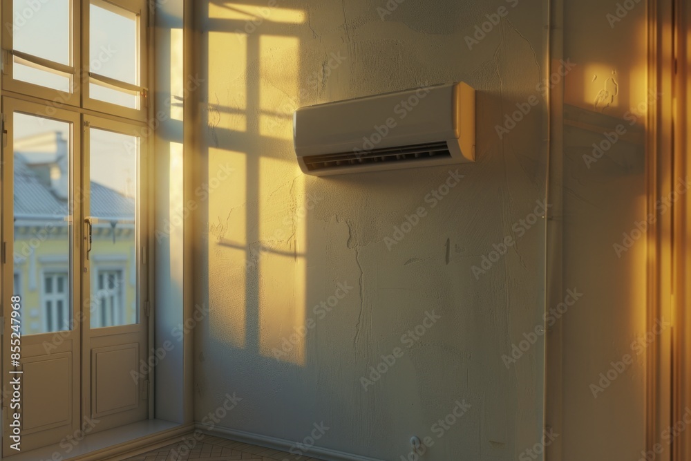 Poster a room air conditioner sitting next to a window, suitable for use as a prop or background element