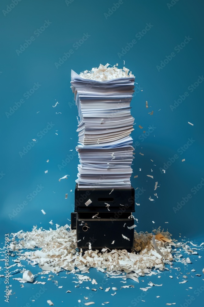Poster papers and files scattered amidst shredded paper, perfect for depicting cluttered office or workspac