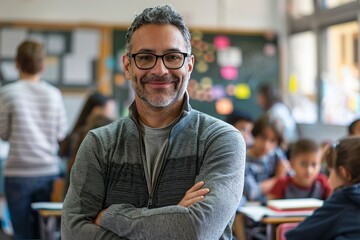 Fototapeta premium Smiling teacher in a classroom full of students. Modern educational environment depicted. Great image for educational content, teaching resources, or school related materials. Generative AI
