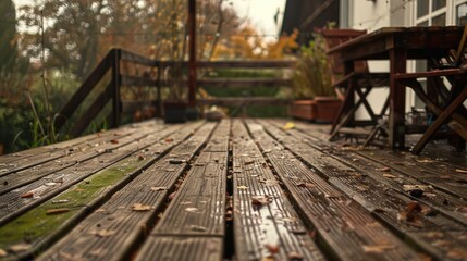 Fototapeta premium A wooden deck with a table and chairs