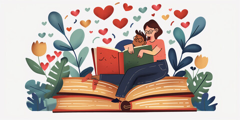 A couple sits on a giant open book, reading a smaller book together. Hearts and flowers surround them book lovers day