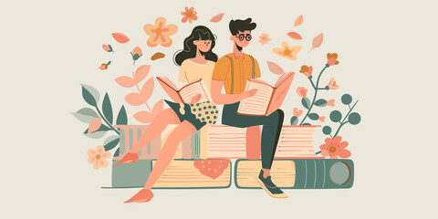 A couple reads books together, sitting on a stack of books decorated with flowers book lovers day