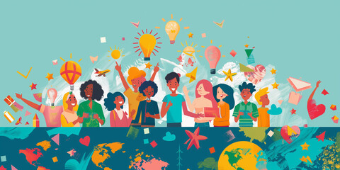 A colorful illustration depicting a group of smiling individuals celebrating ideas and global connections International Youth Day