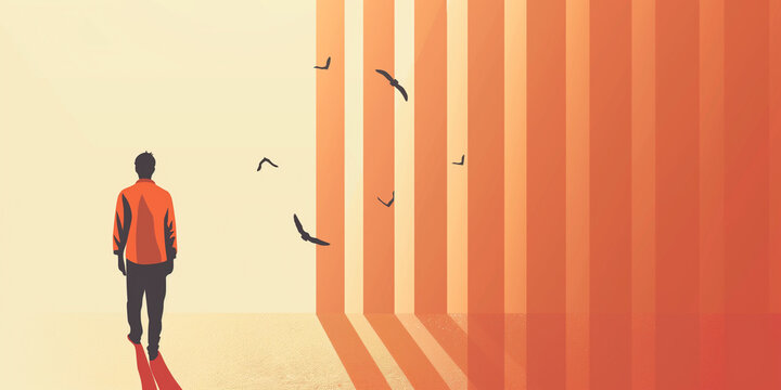 A man walks towards an abstract wall of orange stripes as birds fly overhead International Day of the Disappeared