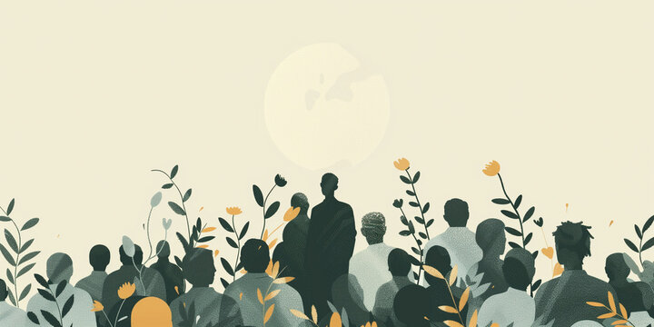 A simple illustration of people in silhouette standing in a field of flowers International Day of the Disappeared