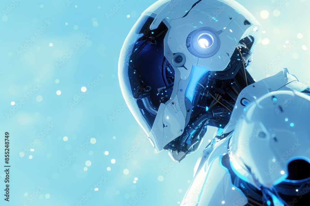 Poster A close-up view of a robot's head with a bright blue light on its face, suitable for use in sci-fi and technology-related contexts