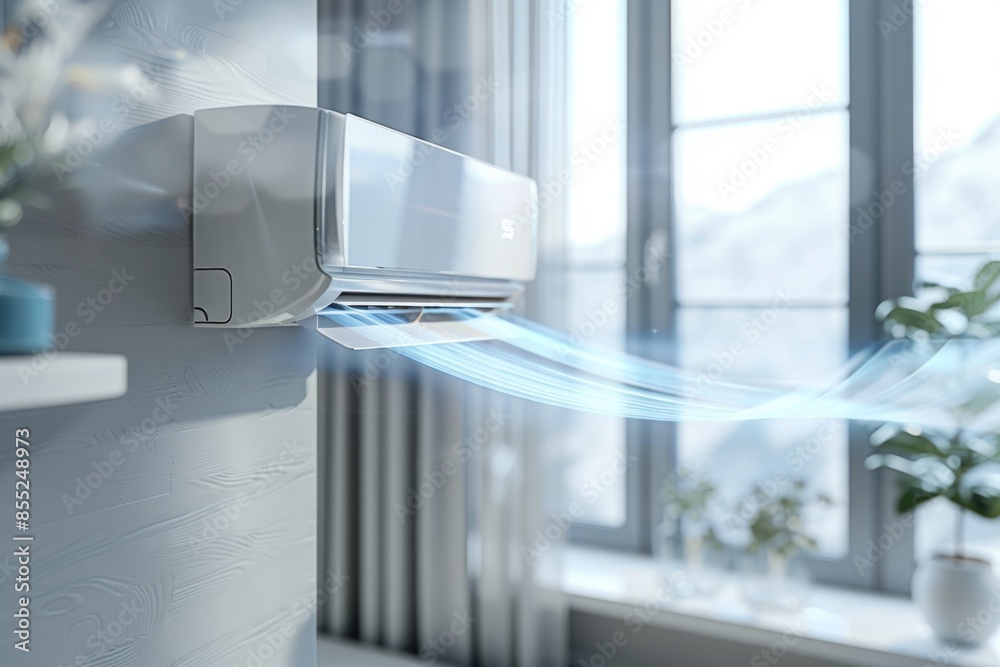 Poster a modern air conditioner unit sits next to a window, providing a clean and minimalist design