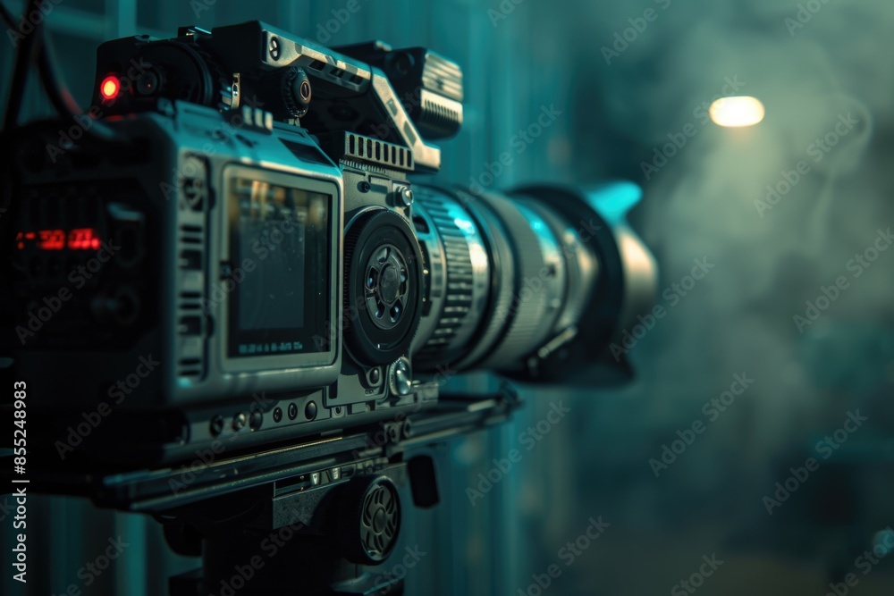 Poster A close-up view of a video camera placed on a tripod for stable filming