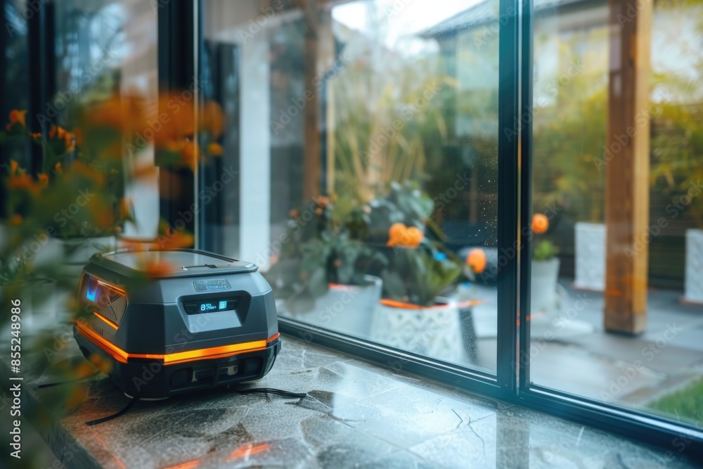 Aufkleber a robot sitting on a window sill, possibly monitoring or observing the outside scene