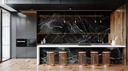 Image of a modern kitchen with a marble countertop and wooden stools
