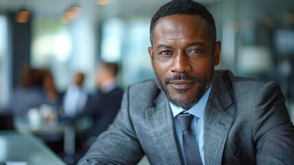 Obraz premium Confident African American businessman, sharply focused, leads in a modern office.generative ai
