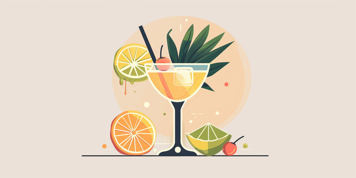 An illustration of a margarita cocktail with orange and lime wedges and a cherry garnish  Low-ABV Drink