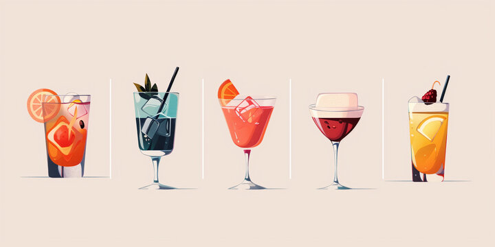 An illustration of five different cocktails in various glassware, featuring colorful liquids, garnishes, and ice  Low-ABV Drink