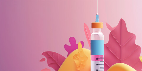 A close-up shot of a syringe with a clear glass vial surrounded by colorful leaves on a pink background National Immunization Awareness Month