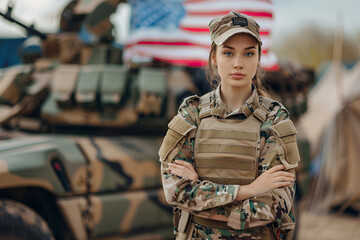 Fototapeta premium Confident female soldier in front of military vehicle with American flag