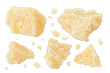 Pieces of parmesan cheese isolated on white background. Top view. Flat lay