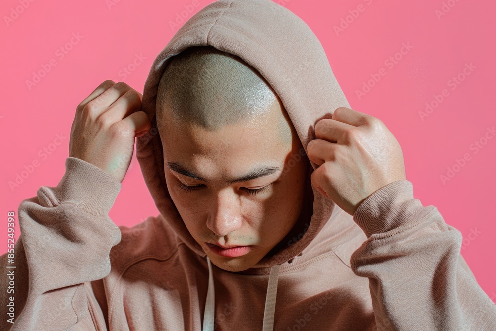 Poster a person wearing a hoodie with a shaved head, useful for general use or representing a specific indi