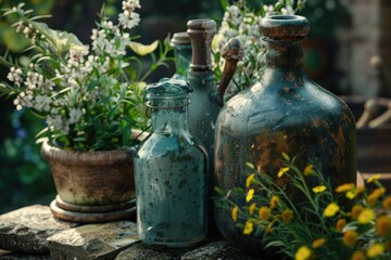 A group of vases sitting on top of a stone wall, suitable for home decor or interior design use