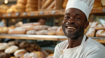 A cheerful chef stands in front of a shelf stacked with various types of bread