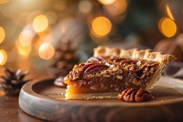 A slice of pecan pie served on a plate, perfect for dessert or snack