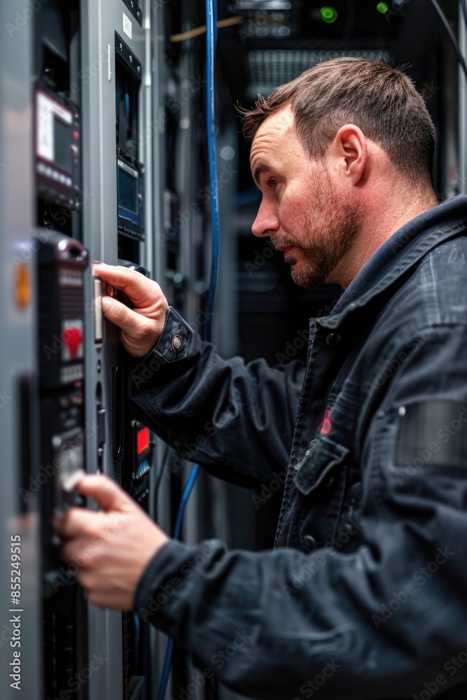 Leinwandbilder a person working on machinery in a data center, useful for technology and it-related images