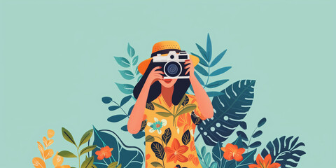 Woman taking a picture in a tropical garden on World Photo Day