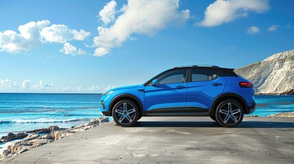 Obraz premium A blue parked on a sandy beach beside the ocean, suitable for vacation or travel photography