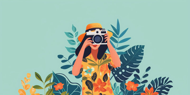 Woman taking a picture in a tropical garden on World Photo Day