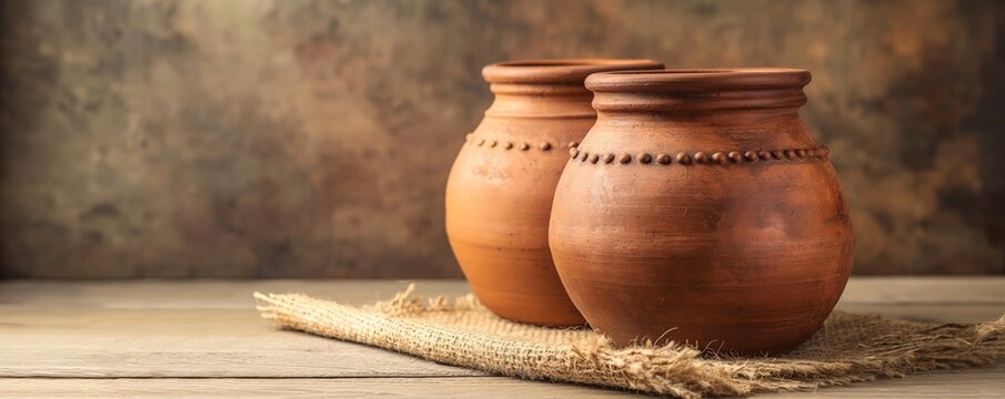 Elegantly simple composition of two terracotta pots on a burlap cloth with a vintage textured background