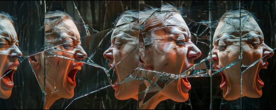 A shattered mirror reflecting fragmented faces, each expressing different facets of anger, symbolizing the internal conflict of suppressed rage