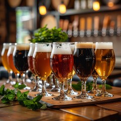Naklejka premium A variety of beer glasses on a table different types of beer tasting session
