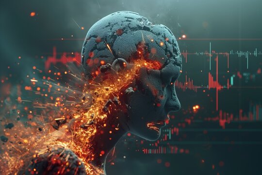 A digital human head disintegrates with fiery effects, amid floating stock market data charts - Powered by Adobe