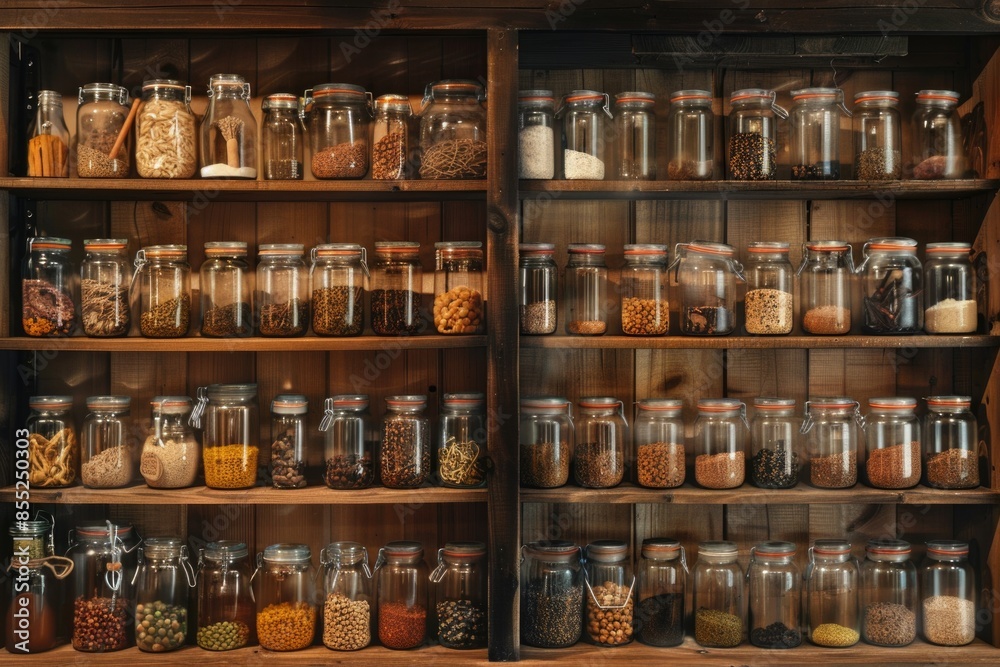 Poster Shelf filled with various sized glass jars containing unknown contents, potential for use in food or cosmetic photography
