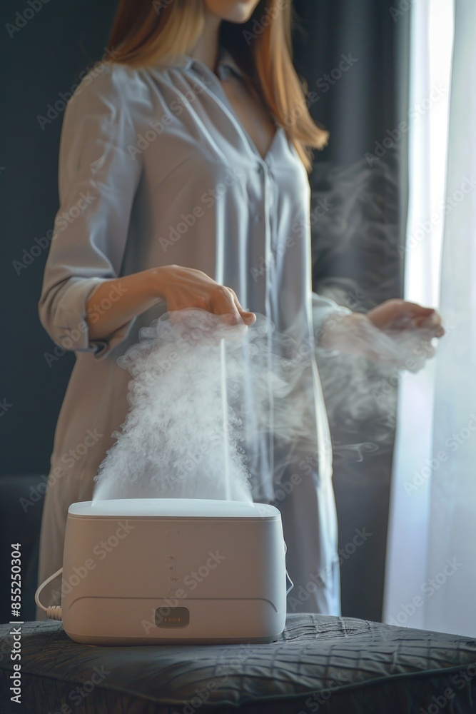 Poster a person stands beside a humidifier placed on a table, ideal for use in home or office settings