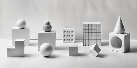 A collection of white geometric shapes arranged on a white surface