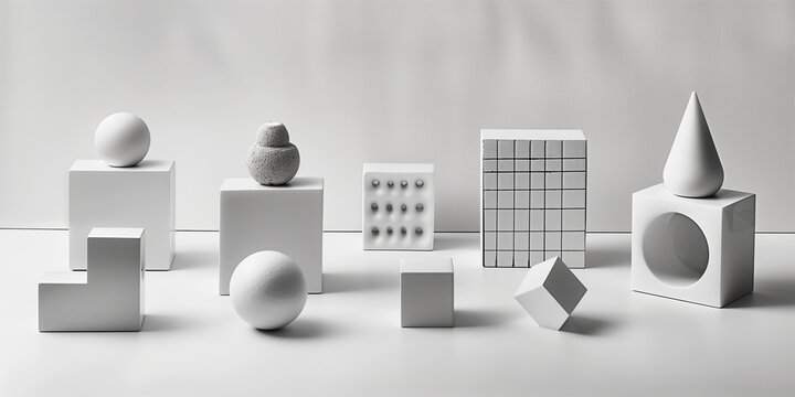 A collection of white geometric shapes arranged on a white surface