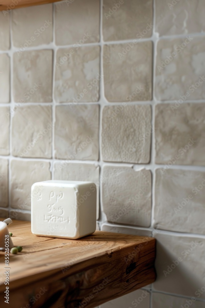 Poster a simple white block sitting on top of a wooden counter